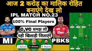 MI vs pbks ipl 23rd match fantasy team of today match | mi vs pbks fantasy team