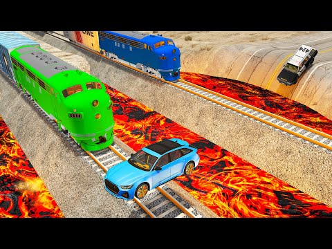 Cars vs Double Rails and Pit Lava - Flatbed Tractor Truck, Bus, Super Car Crashes the Train - OMDs