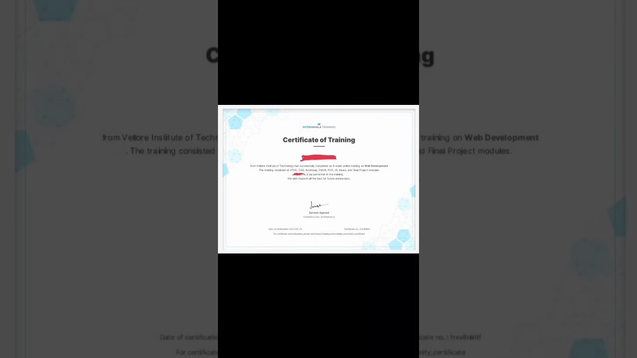 Certificate of web development from Internshala #webdevelopment #internshala #internshalatrainings
