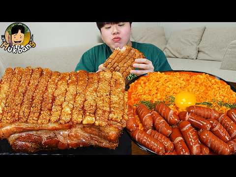 ASMR MUKBANG | Fire Noodles, Hot dog, pork belly, sausage recipe ! eating