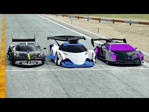 Devel Sixteen GTR vs Lamborghini Veneno GTR vs Pagani Huayra GTR - Drag Race 20 KM