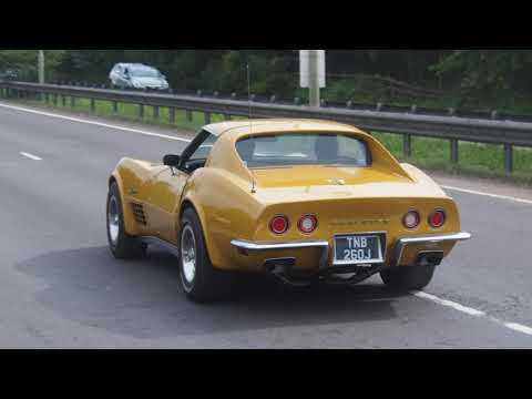 C2 and C3 Chevrolet Corvettes leaving a car show - V8 sounds