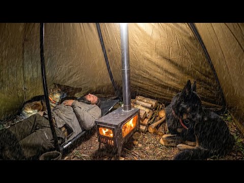 Hot Tent Camping in a Violent Thunderstorm | Heavy Rain Survival with My Dogs
