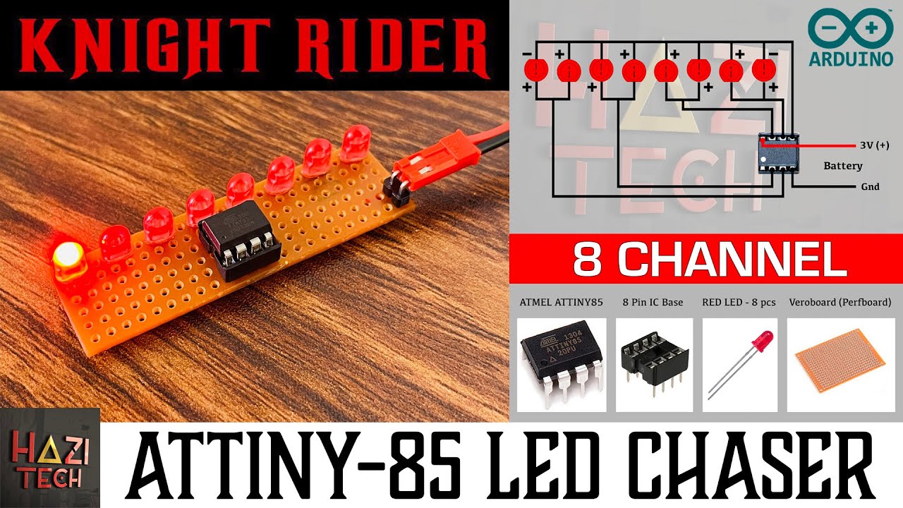 ATtiny85 8-Channel LED Chaser | ATtiny85 Cylon | ATtiny85 Knight Rider Scanner YouTube thumbnail