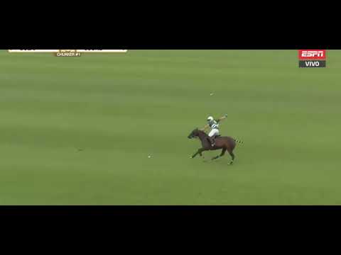 Barto Castagnola steals the ball and races down field to score a goal.  High Goal Horse Polo