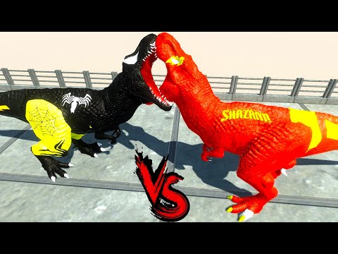 SHAZAM vs BLACK SPIDERMAN T REX DEATH RUN - Animal Revolt Battle Simulator