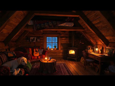 Cozy Winter Attic for Sleep – Fireplace Sounds, Snowy Window & Calm Dog Companion