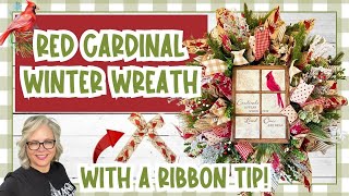 ❤️🌿 Red Cardinal Winter Wreath with Ribbon Tip for Directional Pattern Ribbons