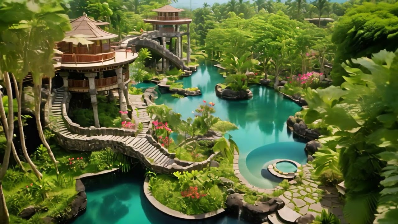 Tropical garden with pond and waterfall,3d render, Exotic oasis in bali, a