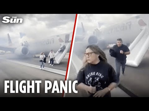 Moment terrified passengers flee plane engulfed in smoke after fault sparked fire