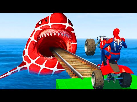 GTA 5 Crazy Ragdolls | Spiderman by Quad Bike On Rainbow Spiders Bridge (Spider Shark Jumps)