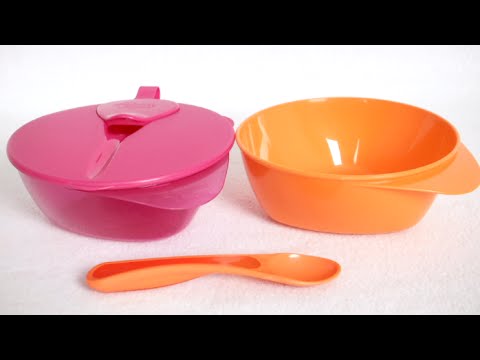 Tommee Tippee Easy Scoop Feeding Bowls With Lid and Spoon, Orange video