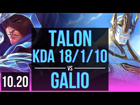 TALON vs GALIO (MID) | KDA 18/1/10, 3 early solo kills, Triple Kill, Legendary | KR Diamond | v10.20
