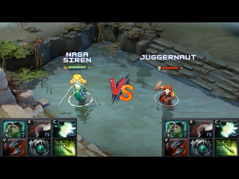 Dota 2 | Naga Siren vs Juggernaut lvl 30 | Normal Attacks Only | Same Full Items