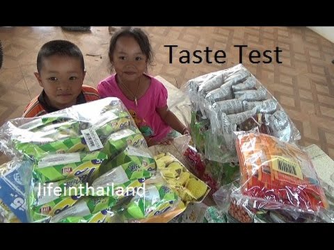 Unusual Thai Food - Taste testing 12 or more Thai snacks, The kids did not like them all.