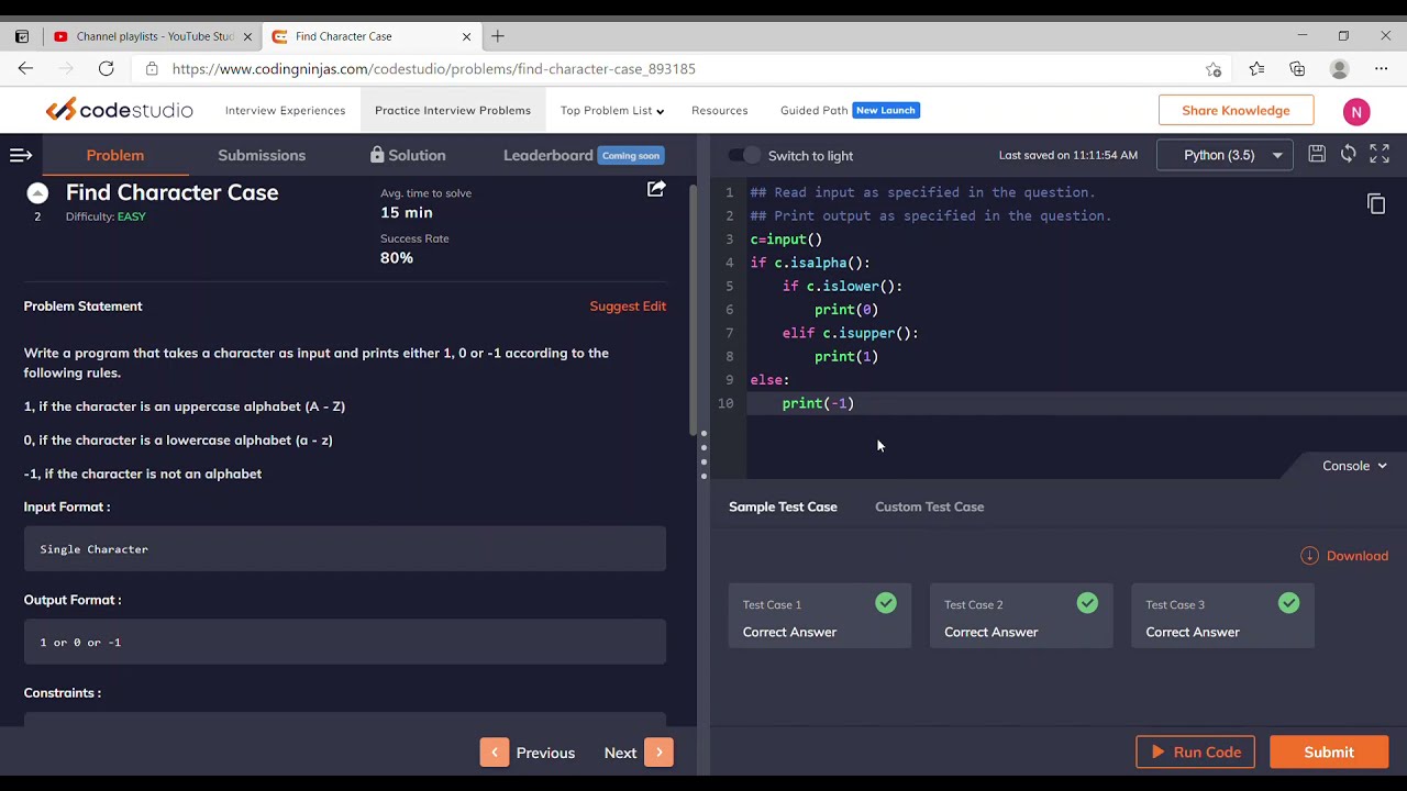 Coding  Ninjas | Codezen : Find Character Case Solution