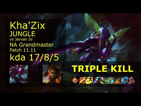 Kha'Zix Jungle vs Jarvan IV - NA Grandmaster 17/8/5 Patch 11.11 Gameplay