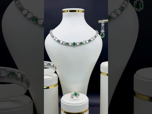 طقم زيركون فضي مكس أخضر أنيق بإصدار خاص دقة الماس 5 قطع بضمان على اللون