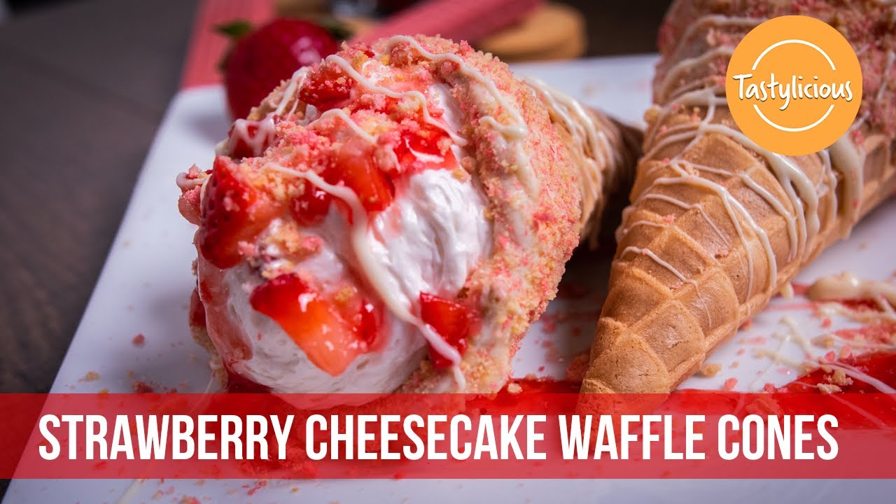 Watch video How To Make Strawberry Cheesecake In A Cone (Strawberry Crumble Stuffed Waffle Cones) - Tastylicious Now How To Make Strawberry Cheesecake In A Cone (Strawberry Crumble Stuffed Waffle Cones) - Tastylicious