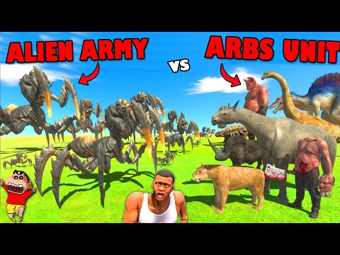 ALIENS ARMY vs ARBS UNITS in Animal Revolt Battle Simulator with SHINCHAN CHOP FRANKLIN