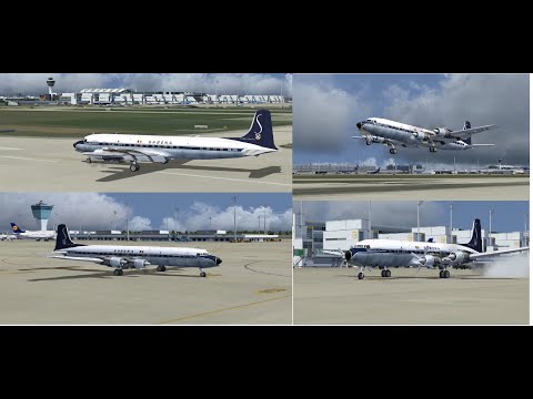 DOUGLAS DC 7C SABENA AIRLINES TAKE OFF FROM MUNICH INTL AIRPORT FS9 HD