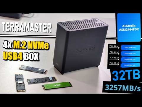 TERRAMASTER D4 SSD NVMe Enclosure - 40Gbps 4Bay, USB Storage Type-C Supports 4xM.2 NVMe 2280 SSDs, Compatible with USB 4/3.2/3.1/3.0, Thunderbolt 5/4/3, Mobile App for Data Backup Included (Diskless) video review thumbnail