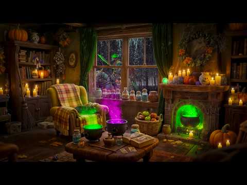 Cozy Witch Cottage - Halloween Ambience | Relaxing Fireplace, Rain & Thunderstorm Sounds for Sleep
