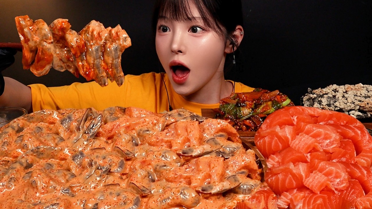 SUB)불닭마요 범벅 생새우 먹방!🦐날치알 불닭마요 연어국수에 광깻무까지 만들어먹기 생새우회 꿀조합 B