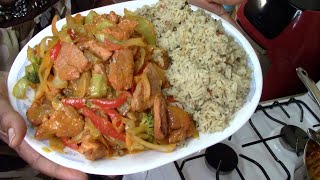 Healthy Ginger, Chicken, Pork And Cabbage Stir Fry With Rice