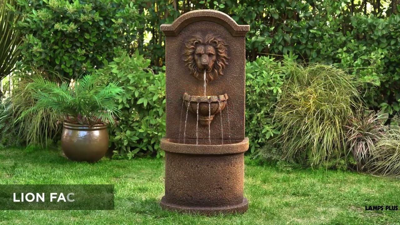 Video 1 Watch A Video About the Lion Face Sandstone Outdoor LED Wall and Floor Fountain