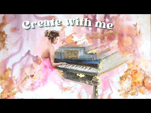 ☀️how to paint woman playing piano using oil colors and acrylic pouring and gold leaves