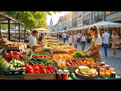 Morning Walking Tour in Zurich & Swiss Organic Farmers Market 🇨🇭 Switzerland in 4K