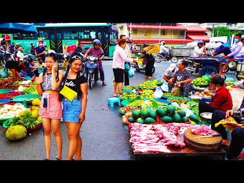 Busy Morning at Chbar Ampov Market: Affordable Fresh Produce, Vegetable,Fish, Meat & Seafood!