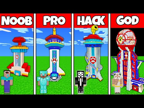 Minecraft Battle: NOOB vs PRO vs HACKER vs GOD PAW PATROL TOWER HOUSE BUILD CHALLENGE