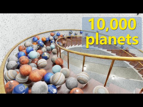 10,000 Solar system planet Balls on the spiral stairs - Blender Rigidbody simulation