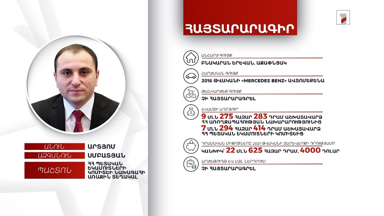 Բնակարան, ավտոմեքենա. ՊԵԿ նախագահի առաջին տեղակալ Արտյոմ Սմբատյանի հայտարարագիրը