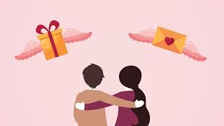 Valentines day animated card with lovers couple and gifts flying 4k video animation
