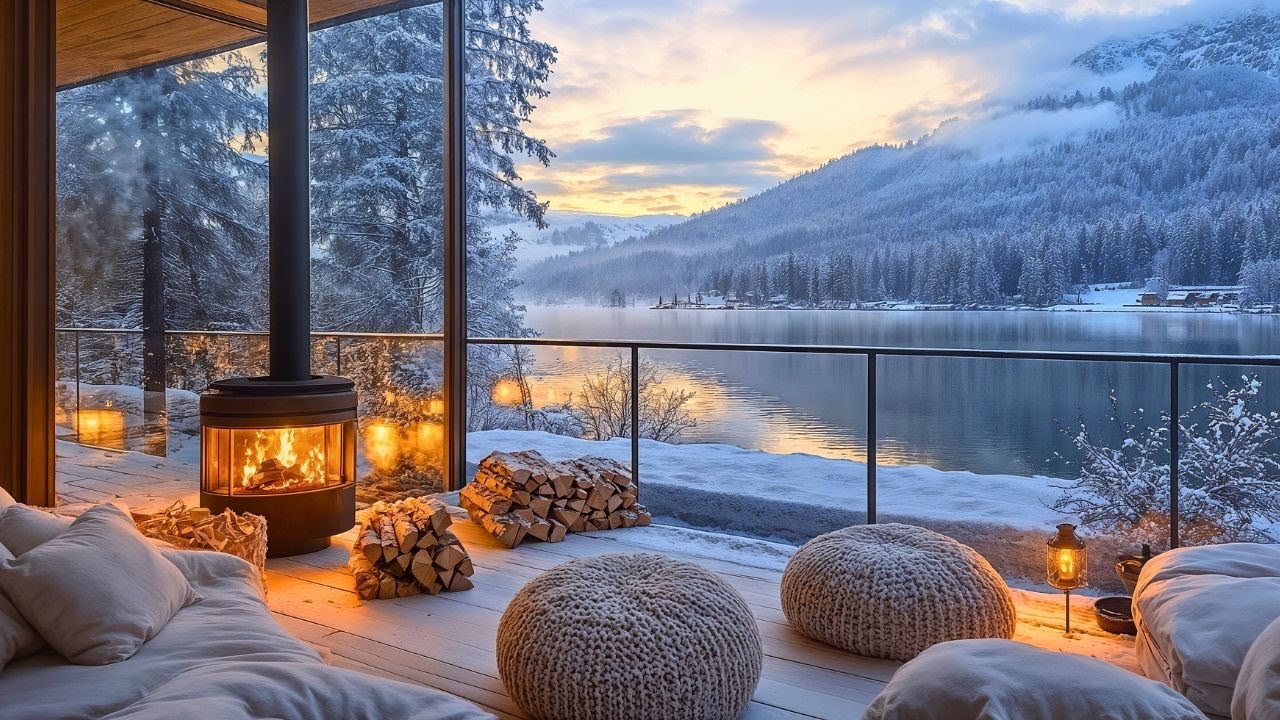 Winter Evening by the Fireplace: Relaxing Jazz Music with Snowy Lake Views