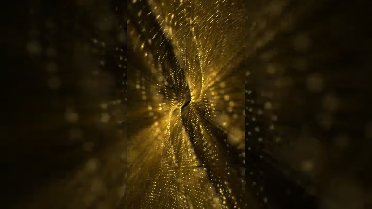 vertical abstract technology background with a flowing digital fractal wave of glowing golden partic