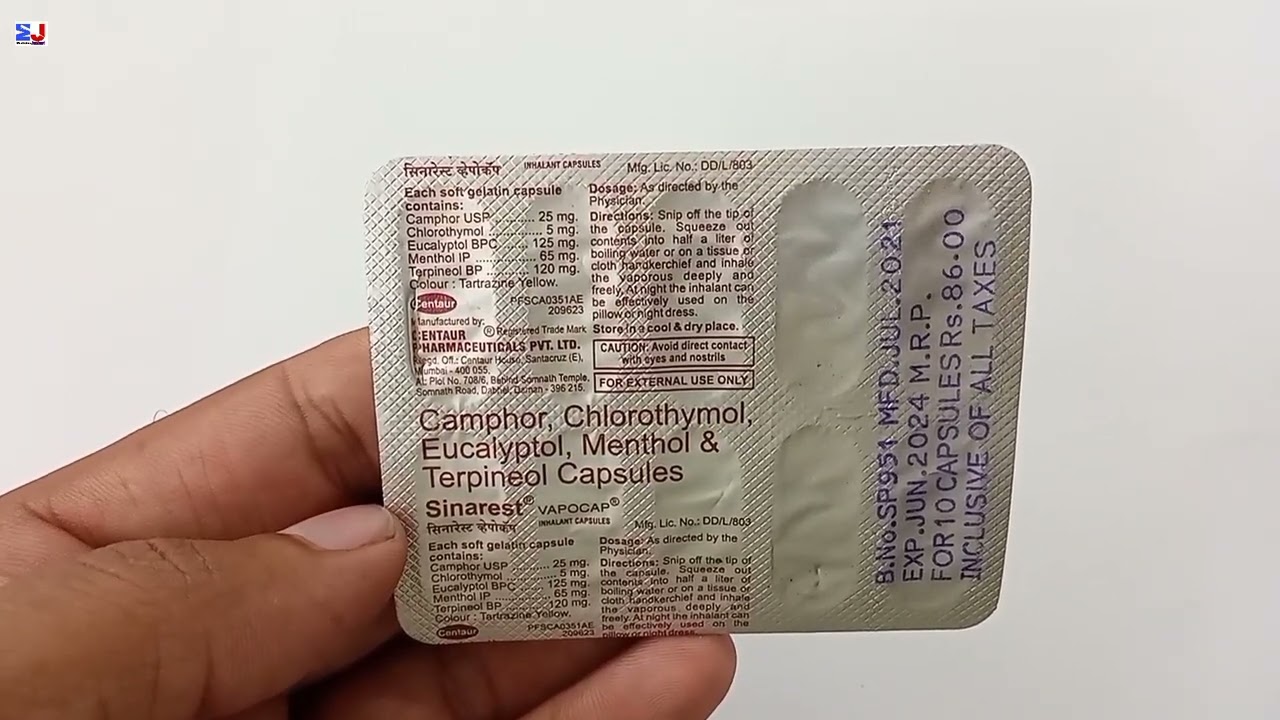 Sinarest Vapocap inhalant Capsules | Camphor Chlorothymol Eucalyptol menthol & Terpineol Capsule use