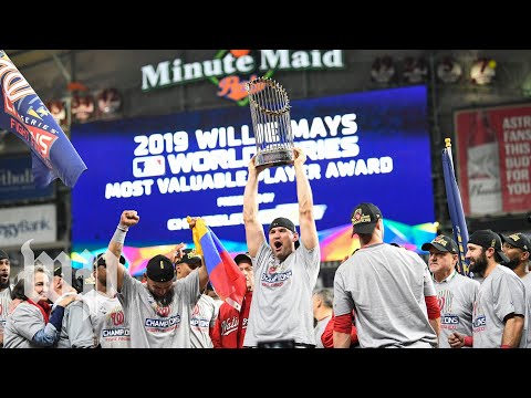 Nationals show off the Commissioners Trophy after defeating the Astros