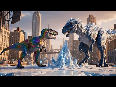 Rainbow Mini T-Rex vs Ice Velociraptor | Super Speed Dinosaur Battle in New York | Jurassic World !