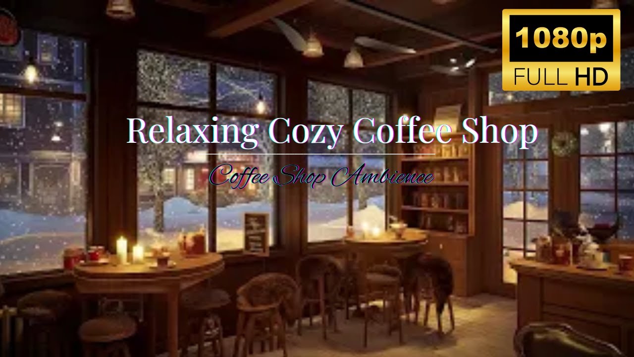 ☕ Cozy Coffee Shop Ambience (4K) – Soft Piano Music & Snow Falling Outside | Perfect for Relaxation
