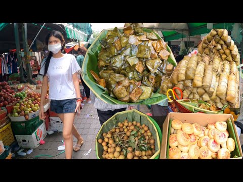 Plenty of Fresh fruit, Vegetable & food Cambodian Market - Daily Lifestyle activities Khmer People