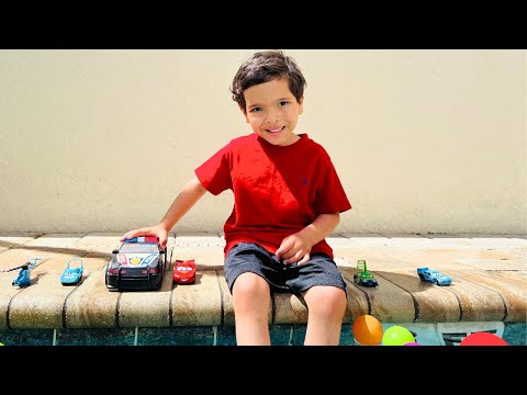 Disney Pixar Cars falling into deep pool, Lightning McQueen, Tow Mater, Mack, Sally, Francesco