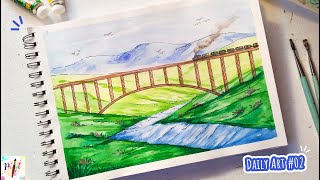 Easy Watercolor Environment Illustration Step by Step | Train on a bridge | #dailyart02 | Paint It
