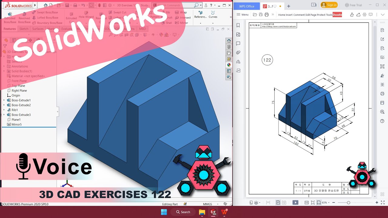 SolidWorks | 3D CAD EXERCISES 122 | StudyCadCam | Solution Tutorial |