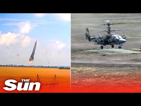 Moment Russian attack helicopters blast Ukrainian ground targets