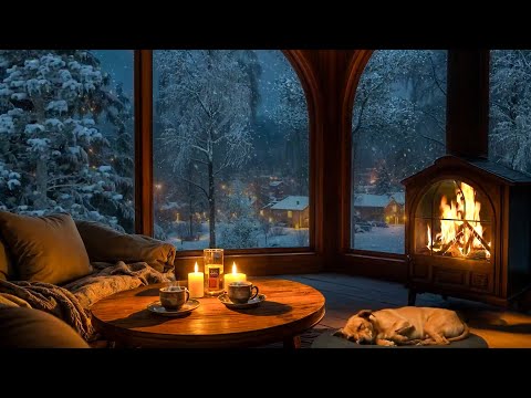 Gemütliche Winternacht❄️🔥Knisterndes Kaminfeuer mit Schneefall & schlafendem Hund zum Einschlafen🕯️