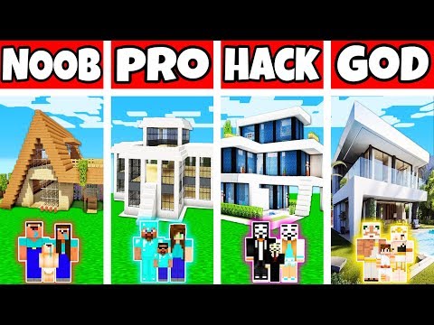 Noob Speedy - Minecraft: FAMILY MODERN VILLA HOUSE BUILD CHALLENGE - NOOB vs PRO vs HACKER vs GOD in Minecraft